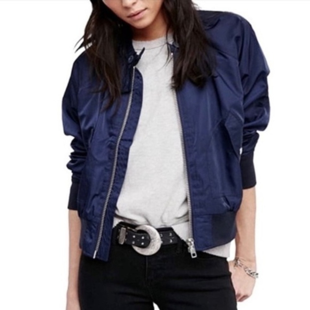 Free People Midnight Navy Blue Full Zip Bomber Jacket Size XS